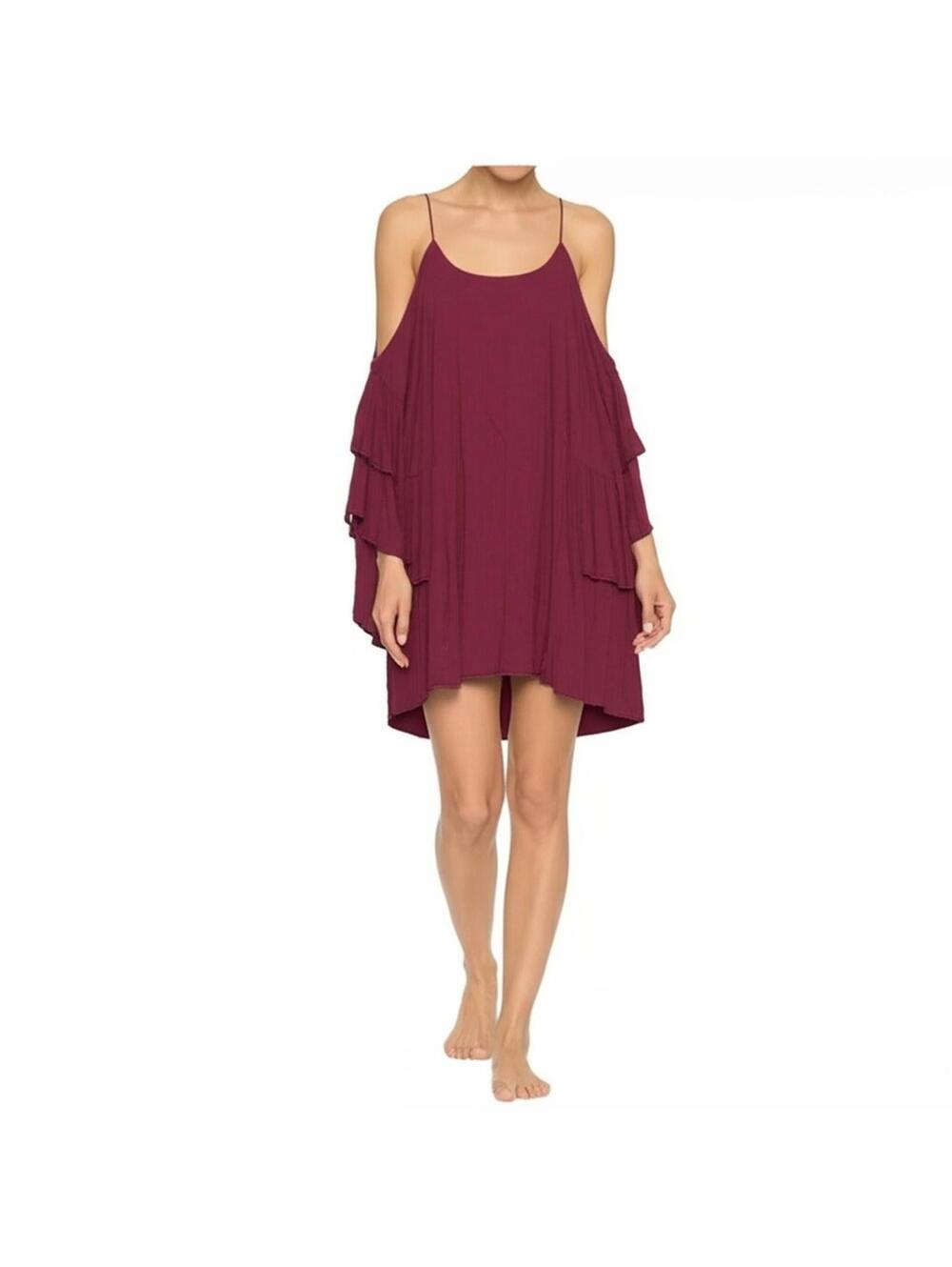 Umgee Mini Dress M Burgundy Cold Shoulder Ruffle Tiered Boho - Picture 2 of 5
